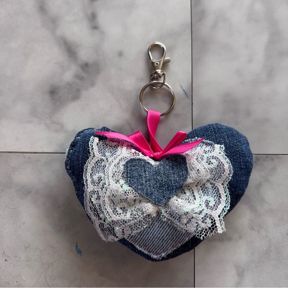 Handmade Denim Heart Charm with Lace and Pink Ribbon - Picture 2 of 9